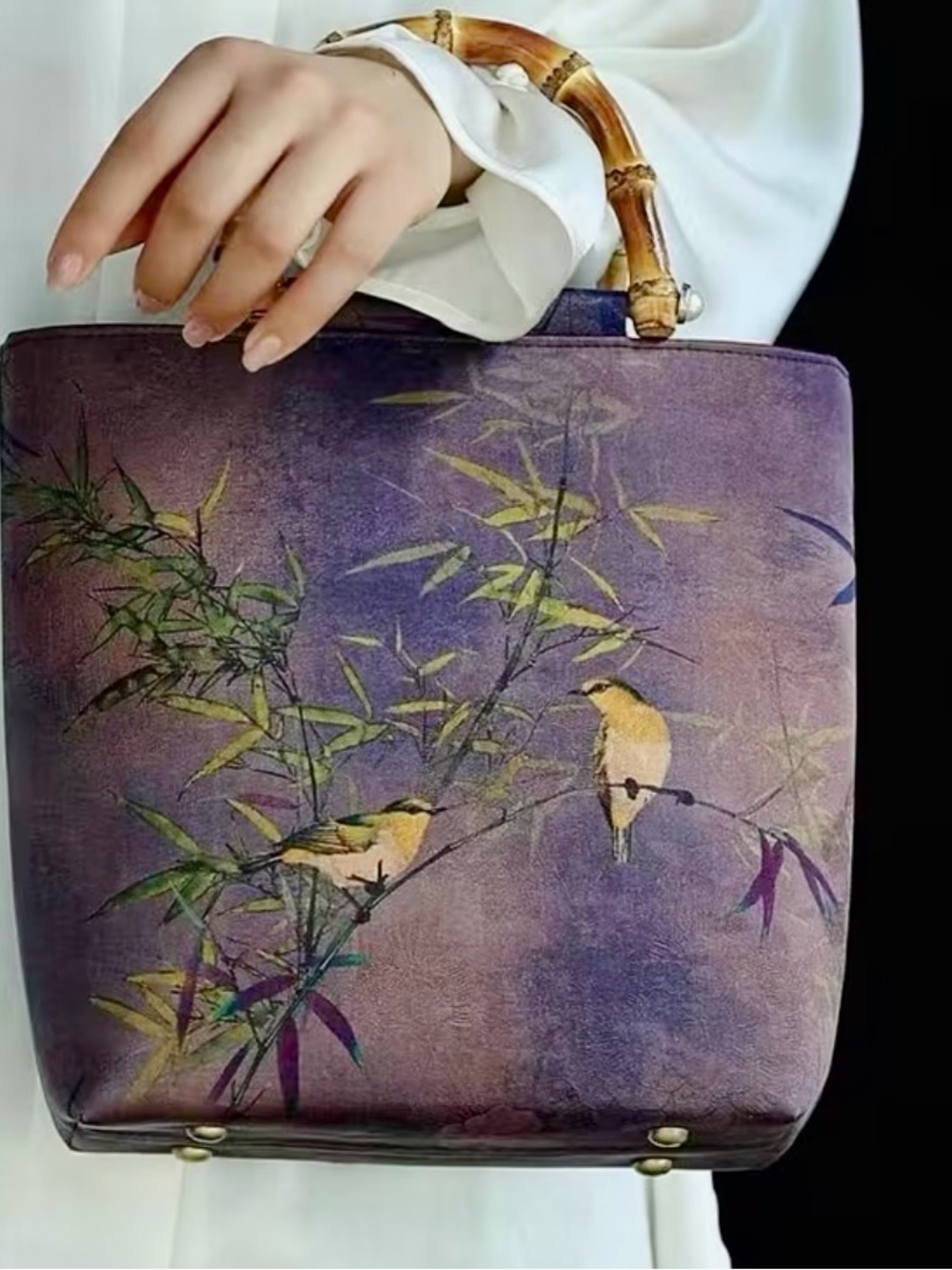 Artisan Purple Bird-Print Satchel with Bamboo Handle NWOT